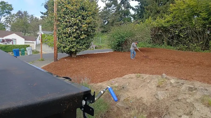 Freshly mulched garden bed on a Puget Sound property